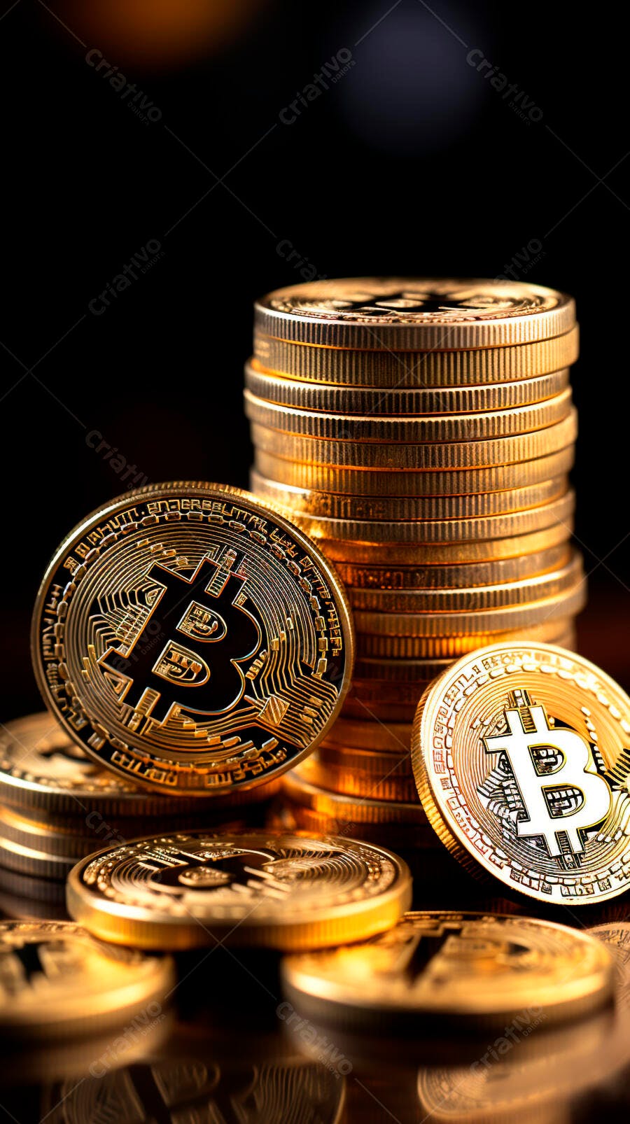 Moedas de Bitcoin douradas empilhadas em fundo escuro para investimento