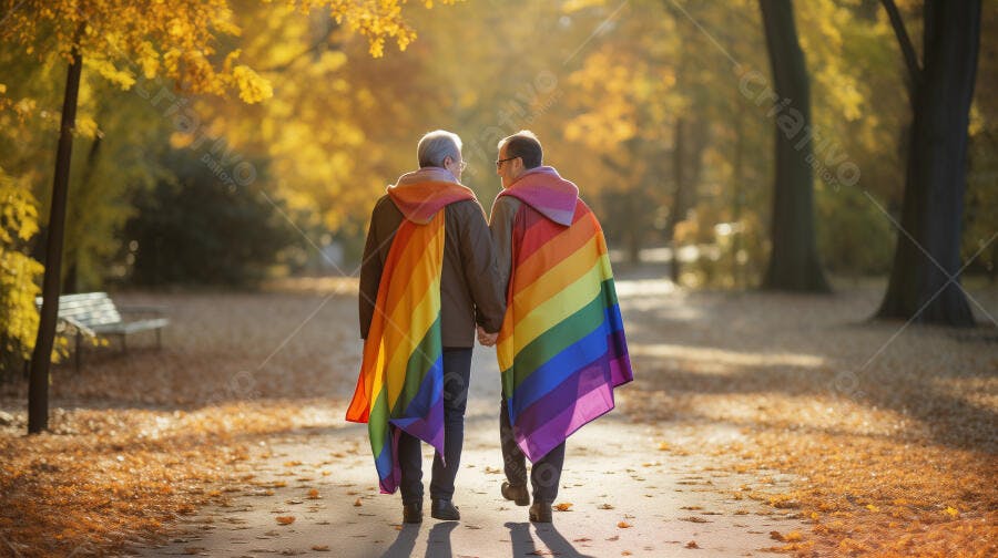 Casal de homens idosos com capas arco-íris caminhando em parque outonal dourado