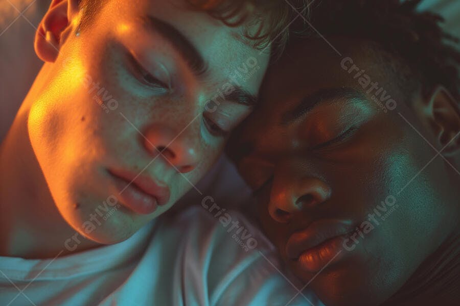 Jovens homens inter-raciais dormindo luz neon laranja e azul