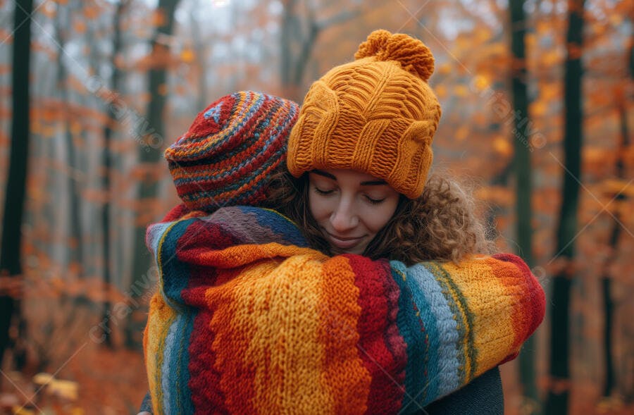 Mulher de gorro laranja e cachecol multicolorido abraçando em floresta outonal