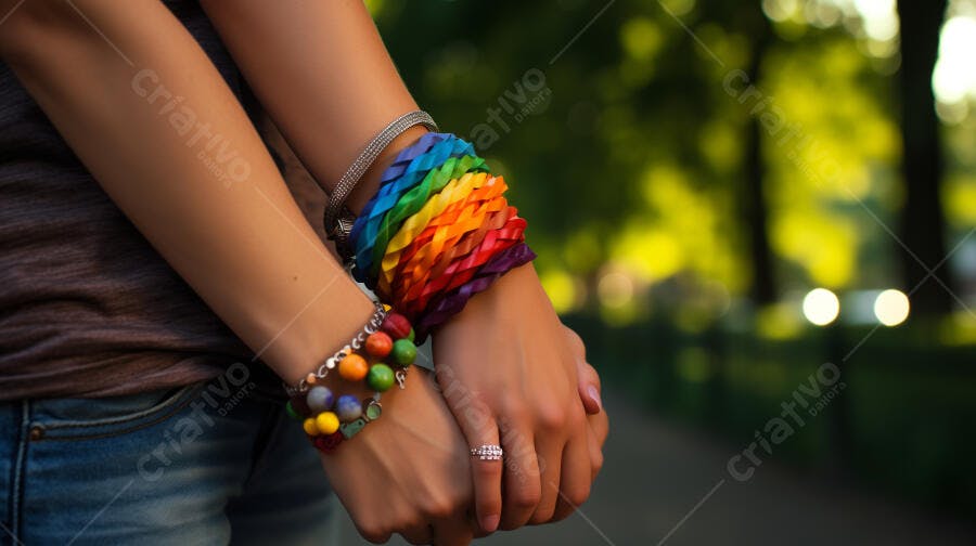 Mãos dadas com pulseira arco-íris em parque verde simbolizando amor e diversidade