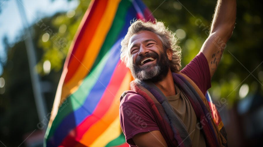 Homem feliz com barba e cabelo grisalho celebra com bandeira arco-íris ao ar livre