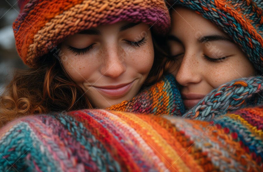 Duas mulheres abraçadas com gorros e manta colorida em momento aconchegante