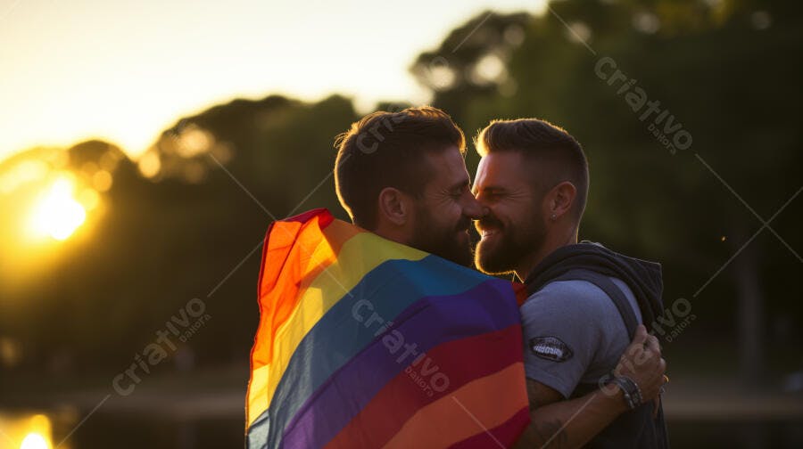 Casal gay de homens abraçados com bandeira do orgulho ao pôr do sol no parque
