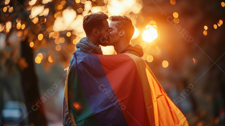 Casal gay se beijando com bandeira LGBTQIA+ ao por do sol dourado