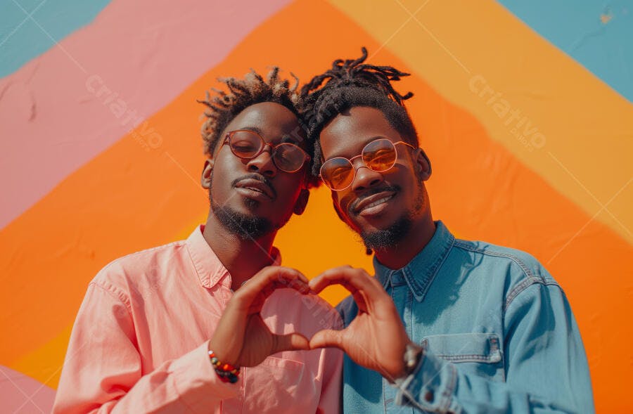 Dois homens negros sorrindo e formando um coração com as mãos em parede colorida