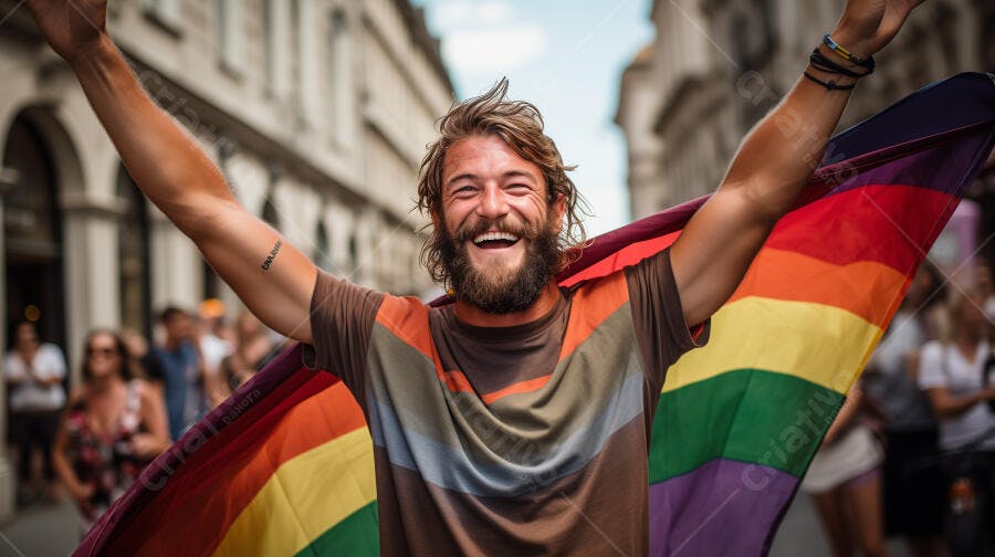Homem barbudo feliz com bandeira arco-íris em desfile de orgulho LGBTQ+ na cidade