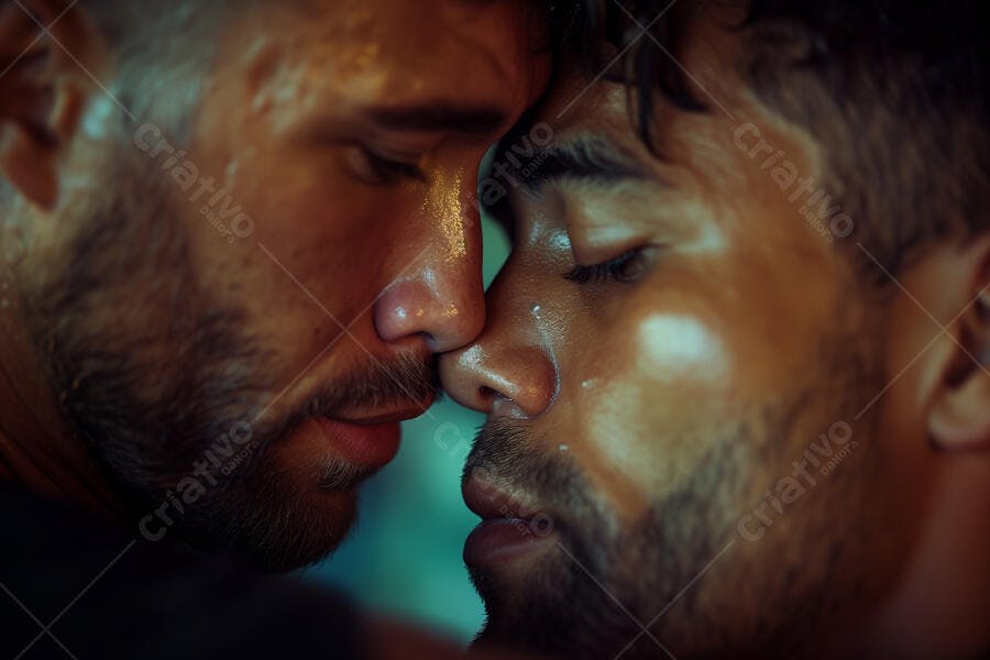Dois homens barbudos em momento íntimo e emocional com iluminação dramática