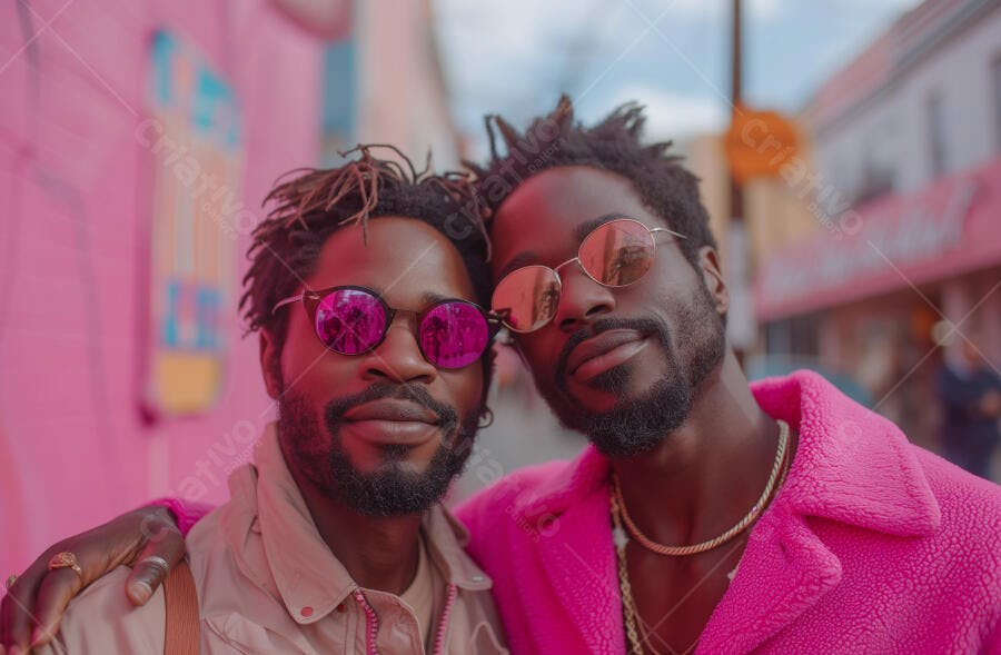 Dois homens negros estilosos com óculos de sol rosa em rua urbana vibrante