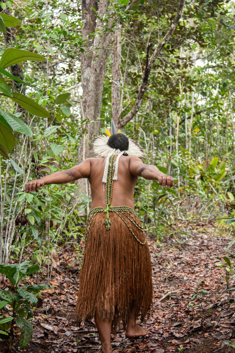 Indígena de etnia brasileira com cocar e adornos na floresta amazônica