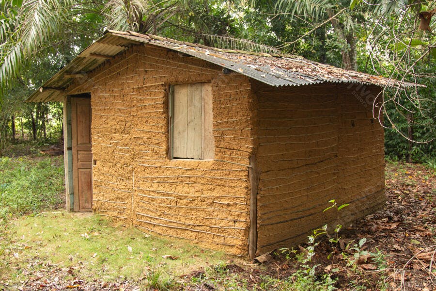 Casa rústica de barro e telhado de zinco em floresta tropical