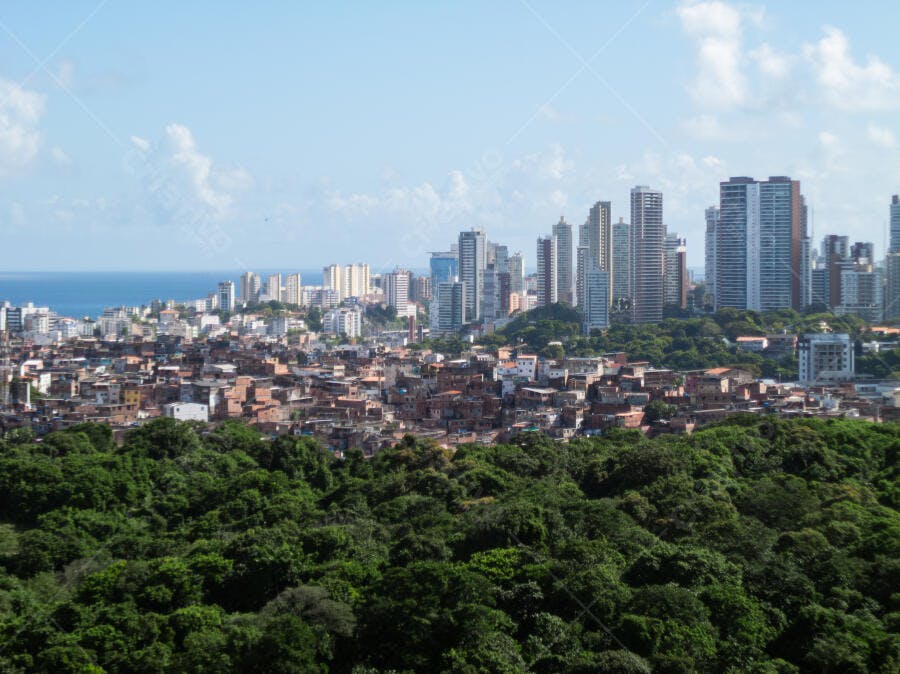 Paisagem urbana costeira com arranha-céus modernos e área residencial verde