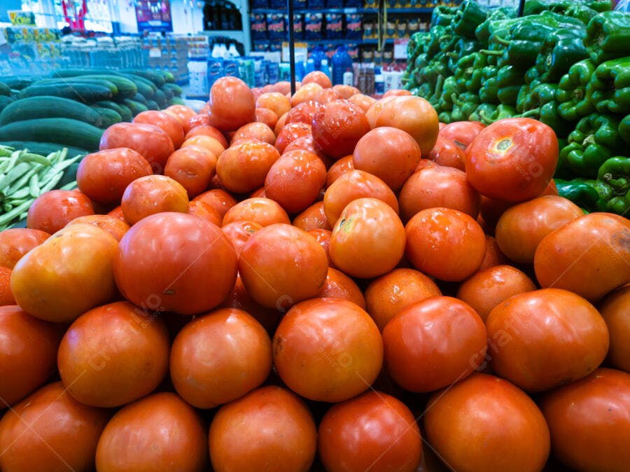 Tomates frescos vermelhos e laranjas em exibição no supermercado