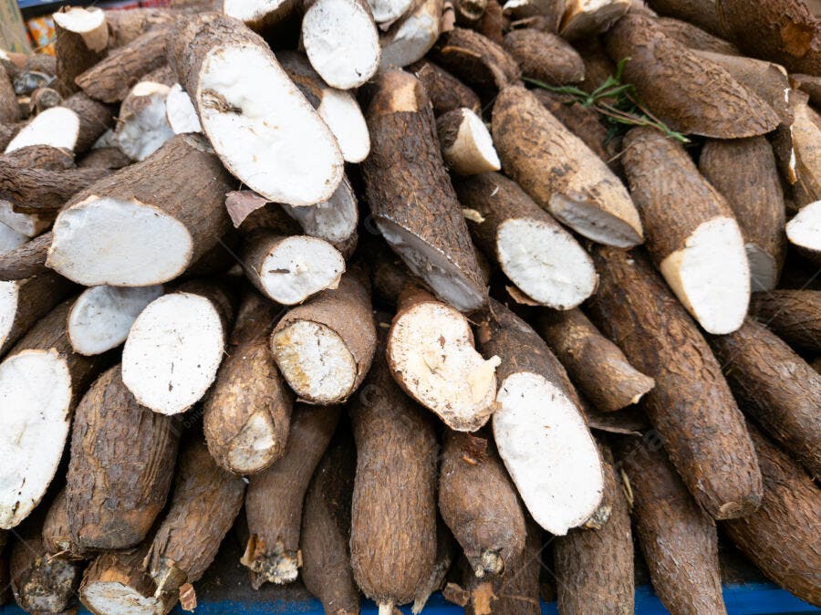 Mandioca fresca raiz marrom e branca cortada para venda no mercado