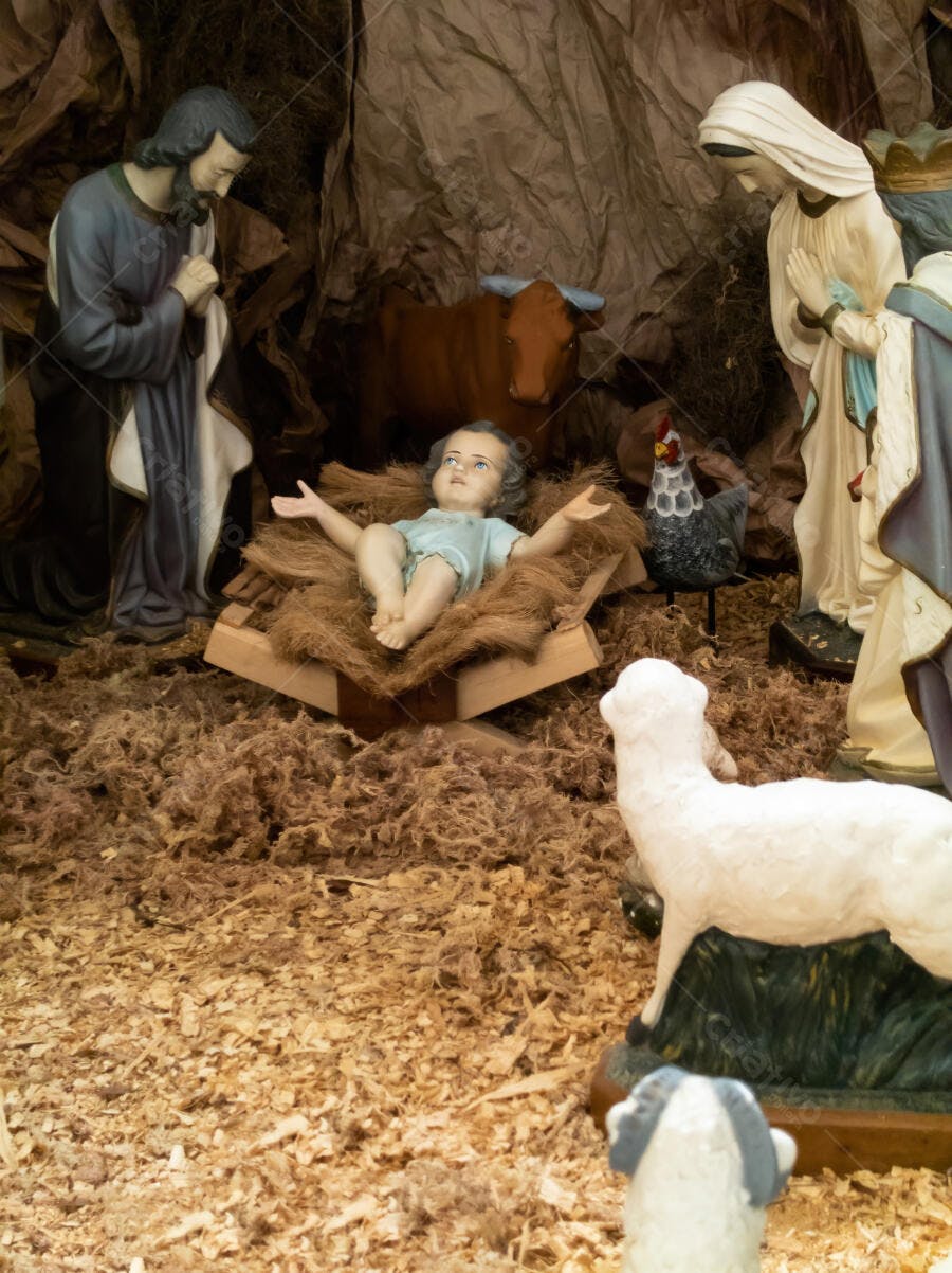 Presépio de Natal Menino Jesus em manjedoura Maria José e animais tons terrosos e azuis