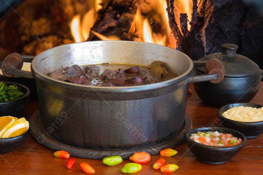 Feijoada tradicional em panela de ferro com acompanhamentos coloridos e lareira