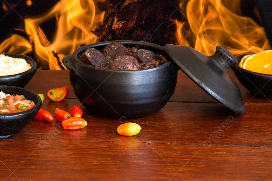 Feijoada completa em panela de barro com acompanhamentos e fogo