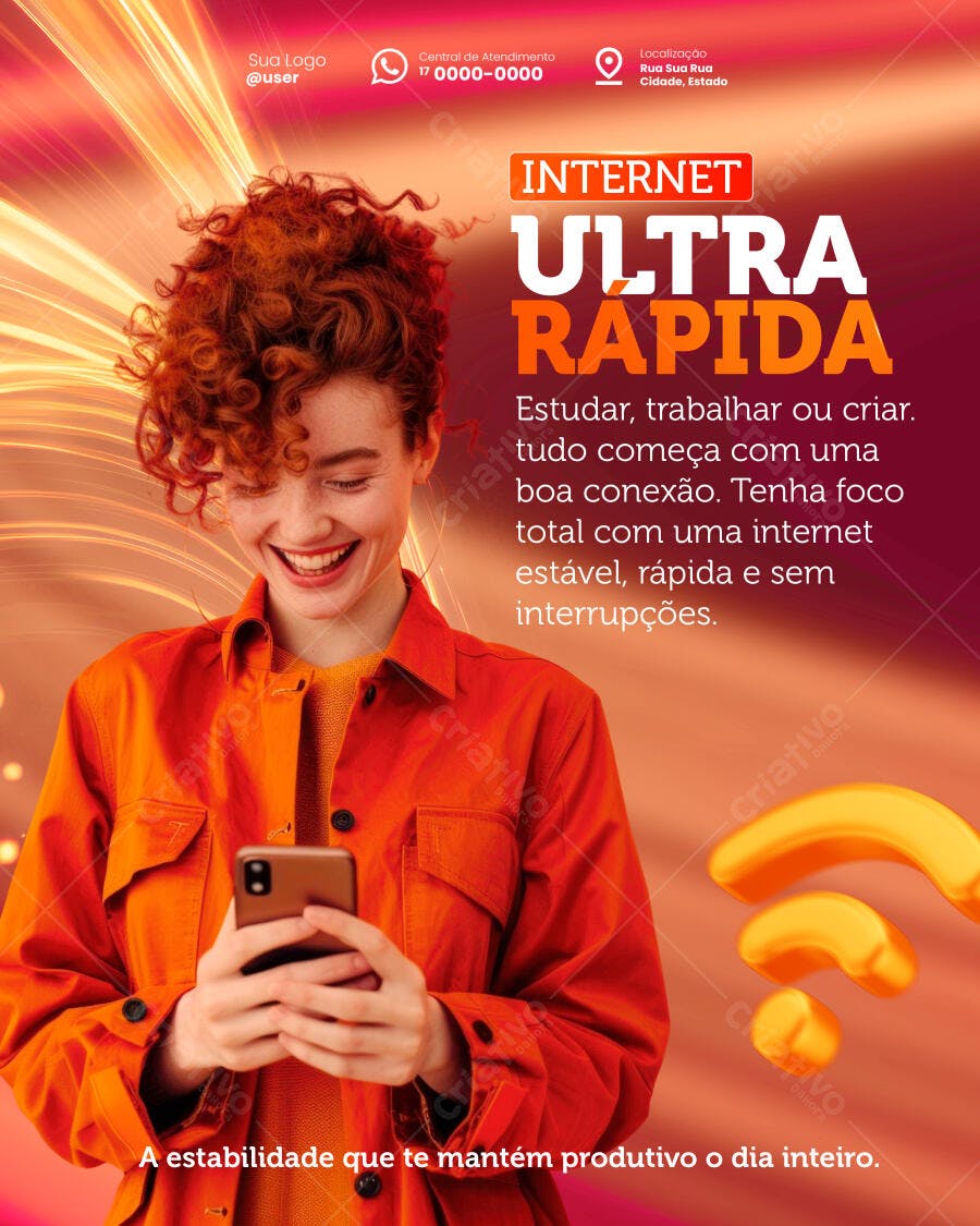 Flyer Internet Ultra Rápida Mulher Ruiva Smartphone PSD Editável