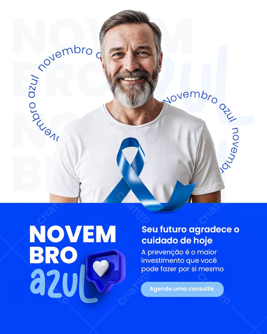 Flyer Novembro Azul Homem Sorridente Fita Azul Psd Editável
