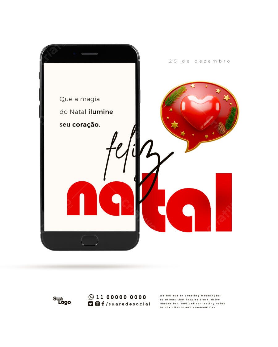 Post Redes Sociais Feliz Natal com Mensagem Coração PSD Editável