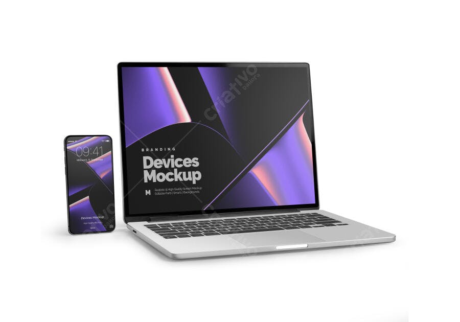 Mockup de Notebook e Smartphone Modernos Prata para Branding e Tecnologia Realista