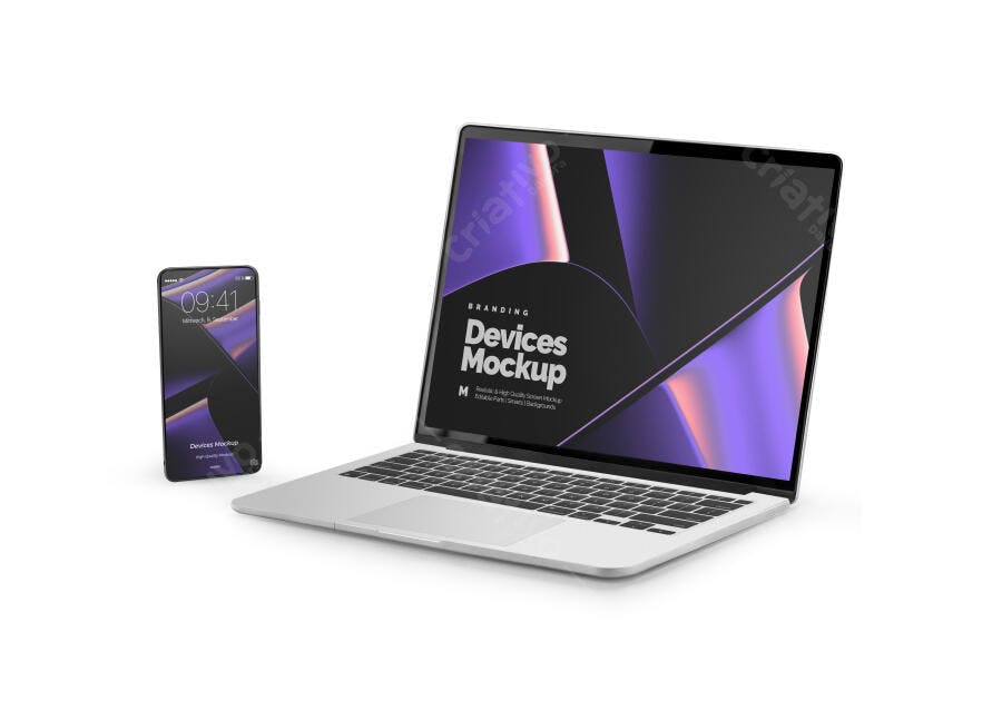 Mockup de Notebook e Smartphone Prateados com Telas Roxas Abstratas de Branding