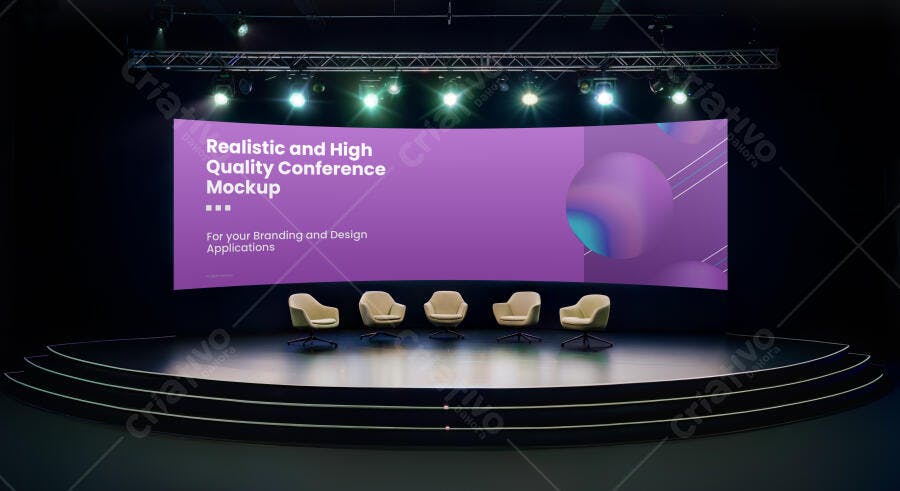 Mockup de Palco de Conferência Profissional com Tela Curva e Cadeiras Modernas