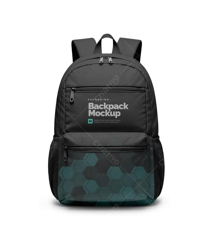 Mockup de Mochila Preta Moderna com Detalhe Hexagonal Teal