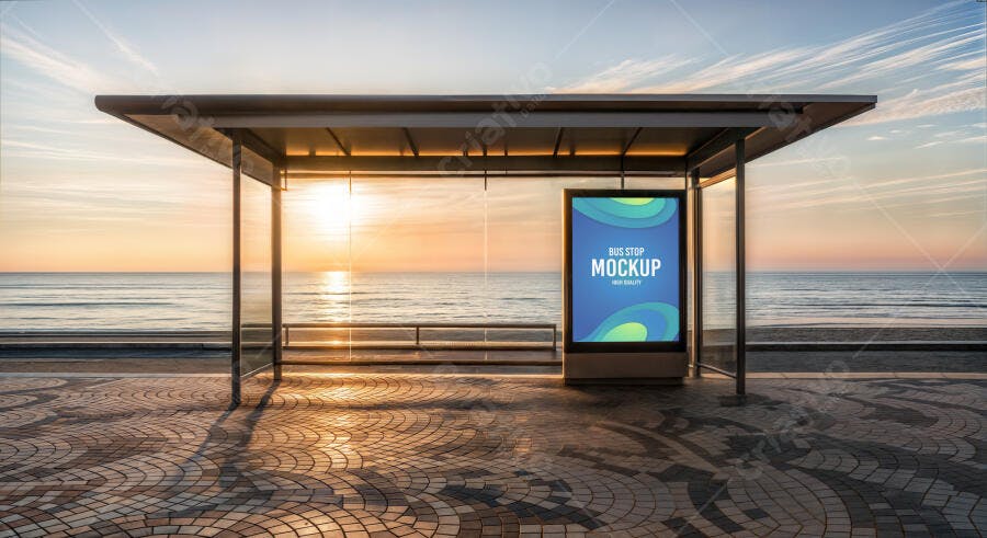 Mockup Realista de Outdoor Digital em Ponto de Ônibus Moderno com Pôr do Sol na Praia