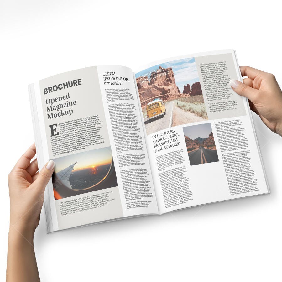 Mockup de Revista Aberta em Mãos Femininas com Conteúdo de Viagem Realista