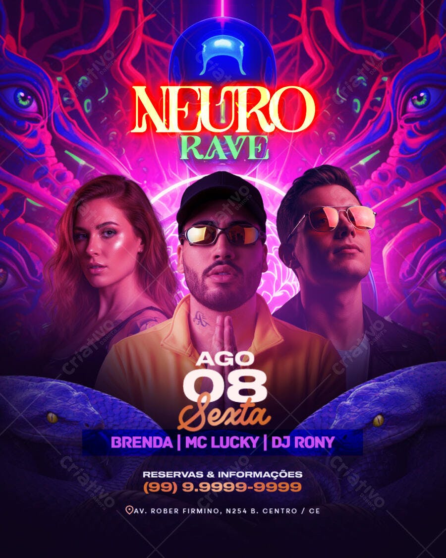 Flyer de Festa Eletrônica Neuro Rave com DJs e Serpentes PSD Editável