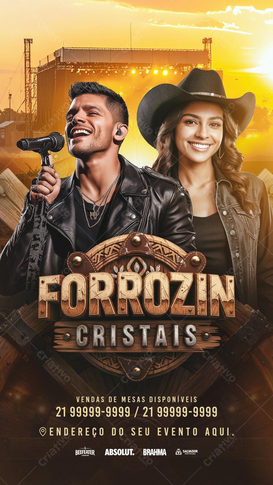 Flyer de Forró Cristais com Cantor e Mulher de Chapéu de Cowboy PSD Editável