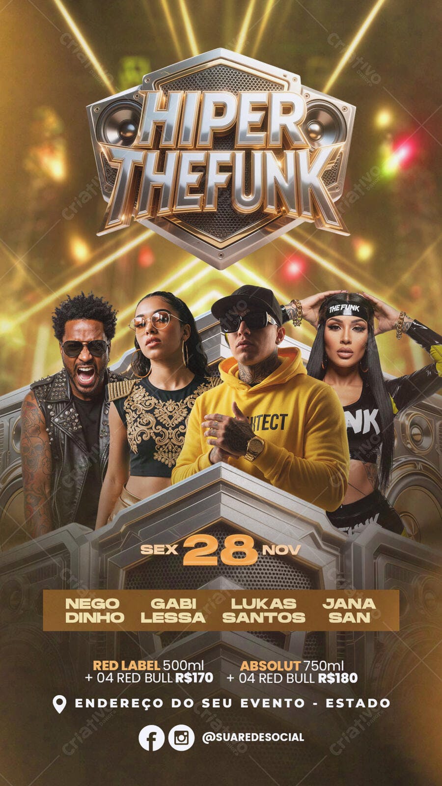 Flyer de Evento de Funk Hiper The Funk com Artistas PSD Editável