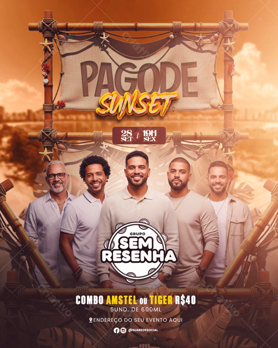 Flyer de Pagode Sunset com Combo Amstel e Grupo Sem Resenha PSD Editável