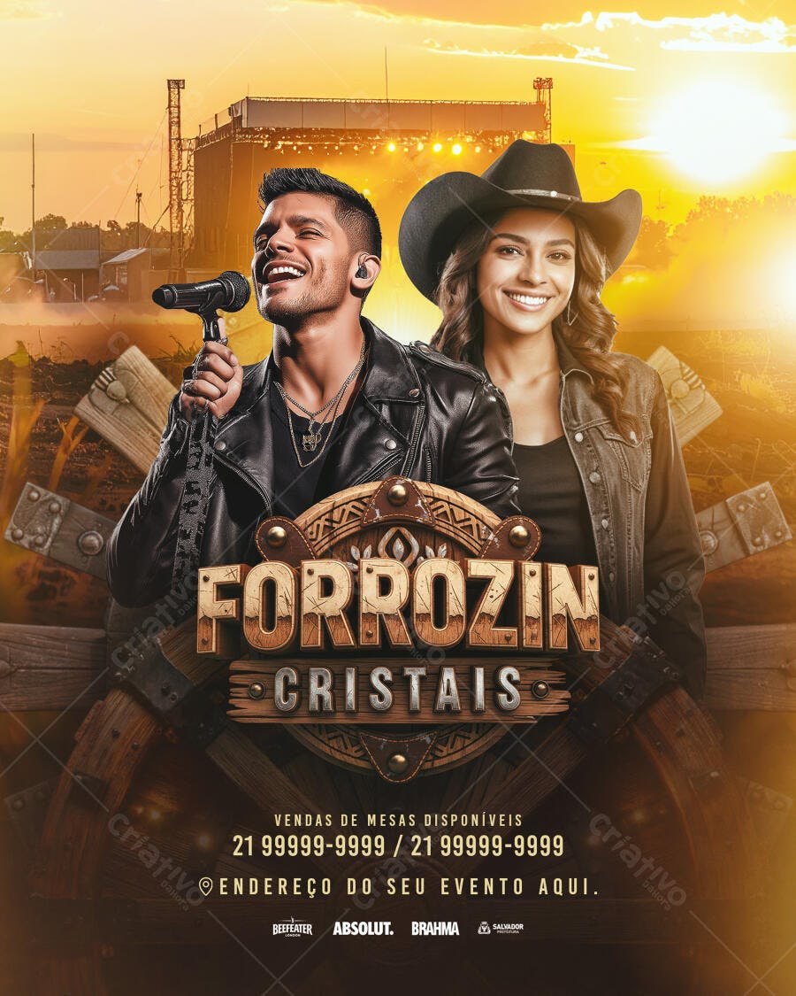 Flyer de Forrozin Cristais com Cantores Chapéu Country Pôr do Sol PSD Editável
