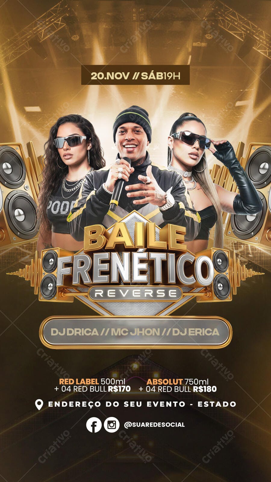 Flyer Baile Frenético Reverse com MC Jhon DJs Palco Dourado PSD Editável