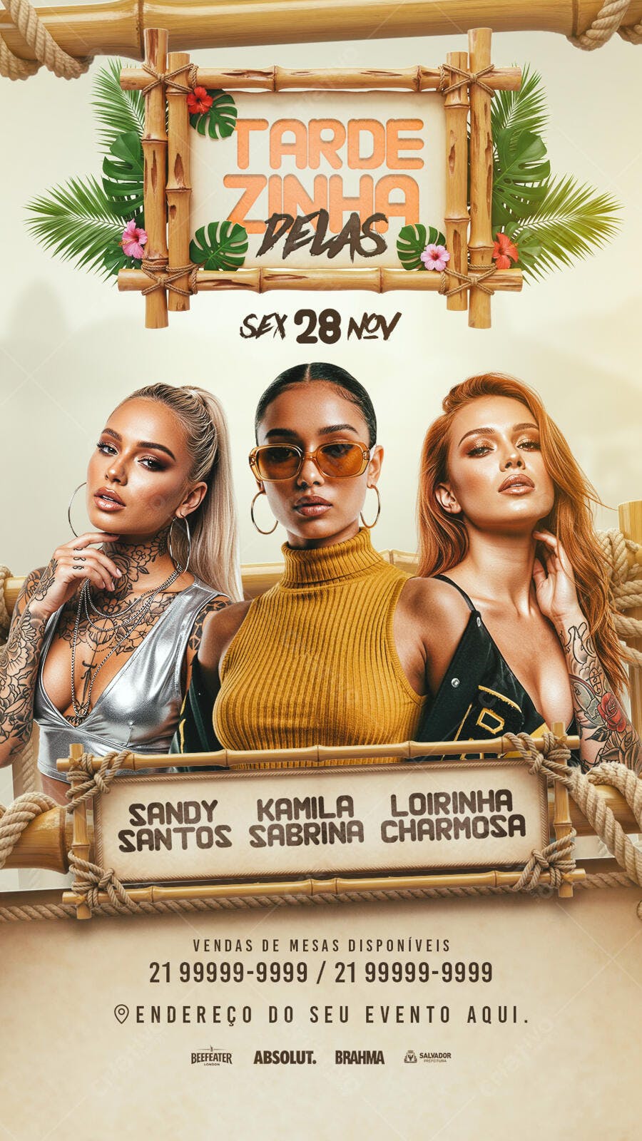 Flyer Festa Tarde Zinha pelas Tropical com Mulheres PSD Editável