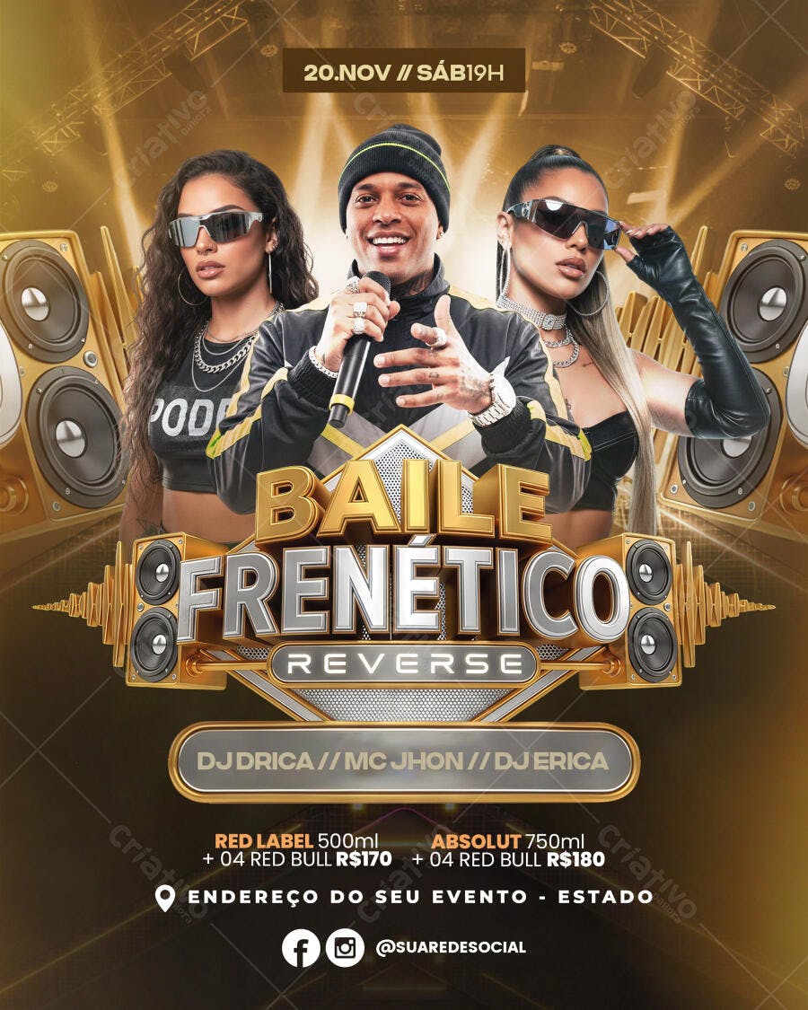 Flyer Baile Frenético com MC Jhon Drica Erica PSD Editável