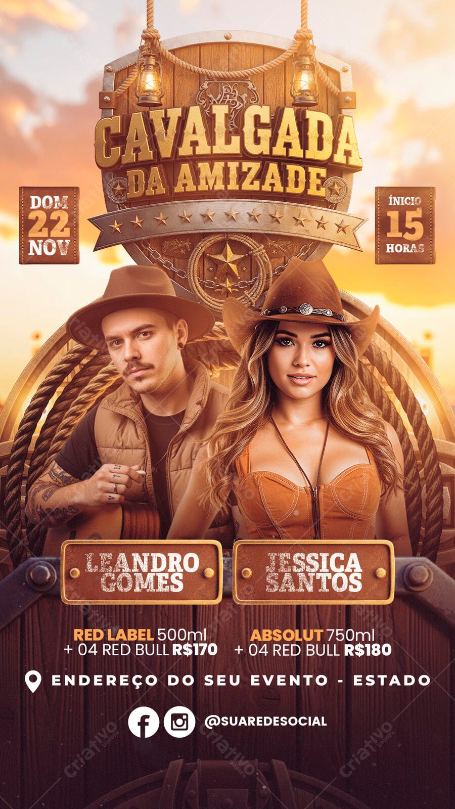 Flyer Cavalga da Amizade com Leandro e Jessica Santos Psd Editável