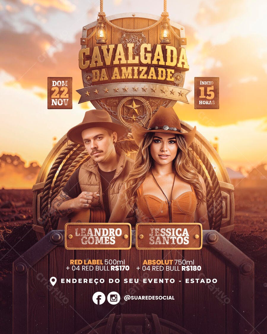 Flyer Cavalgada da Amizade Country com Cantores Sertanejos PSD Editável