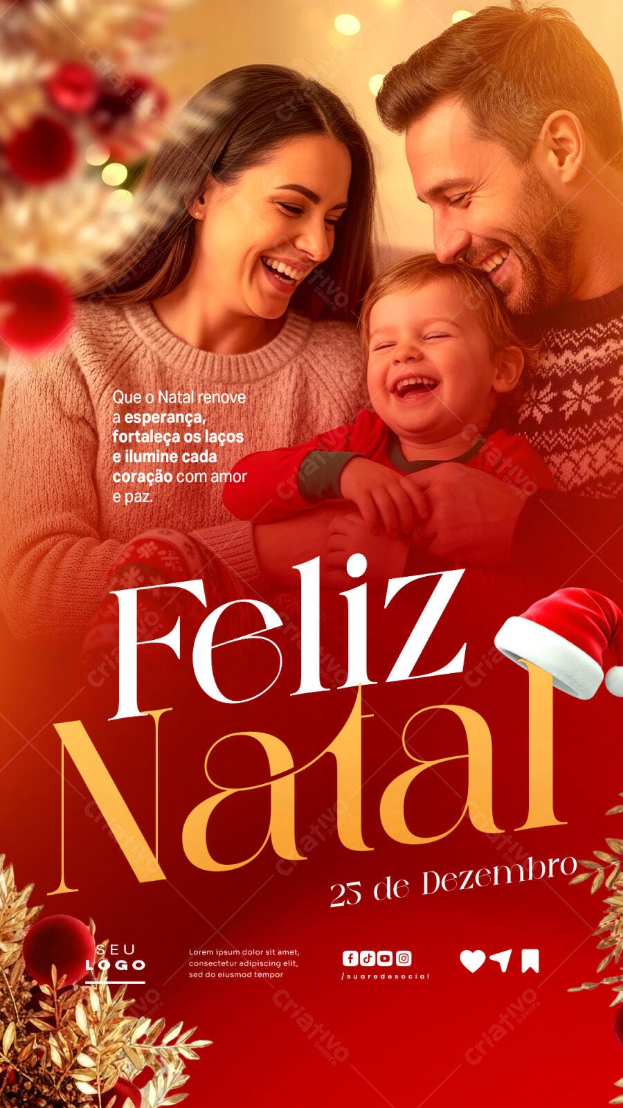 Post Redes Sociais Natal Família Alegre Mensagem Paz PSD Editável