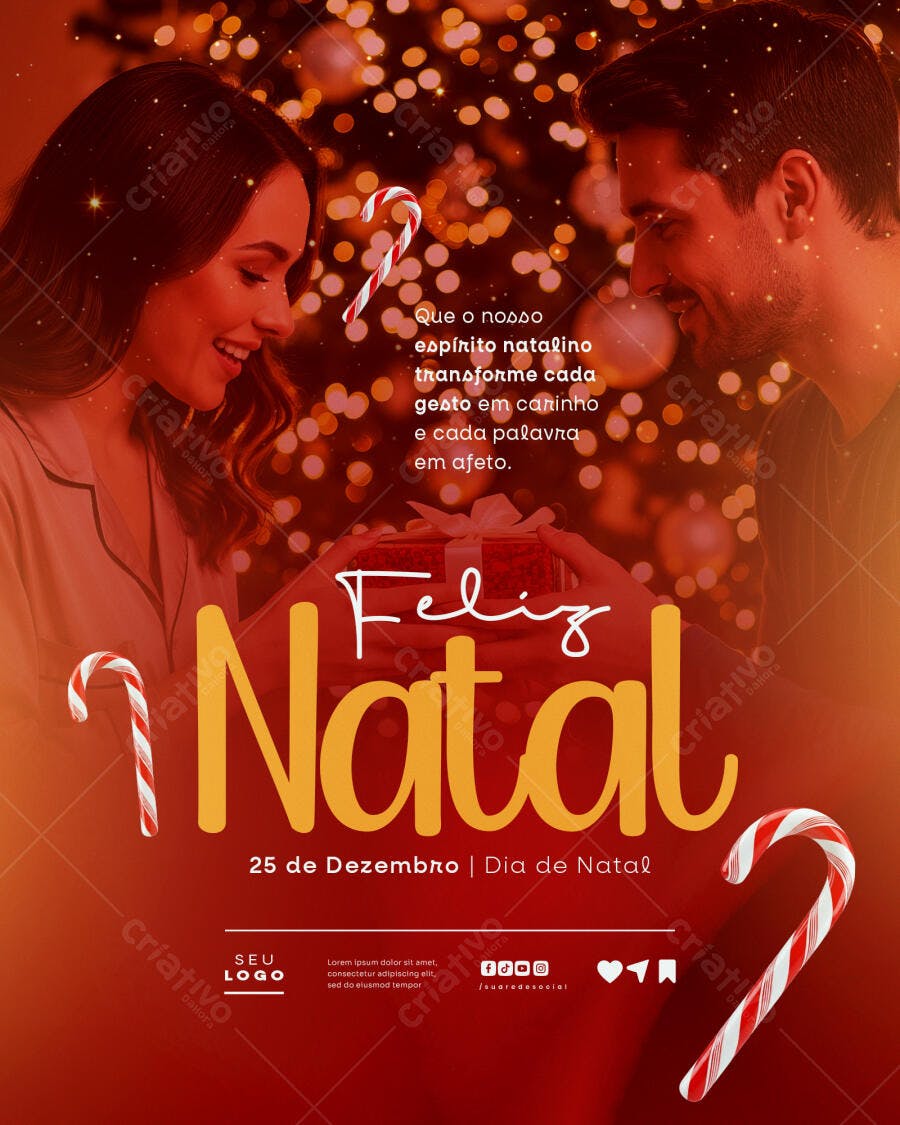 Flyer para Feliz Natal com Casal e Presente PSD Editável