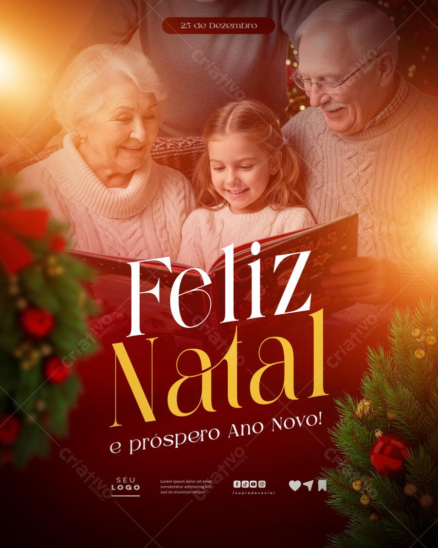 Flyer Natal e Ano Novo Familiar Com Livro Psd Editável