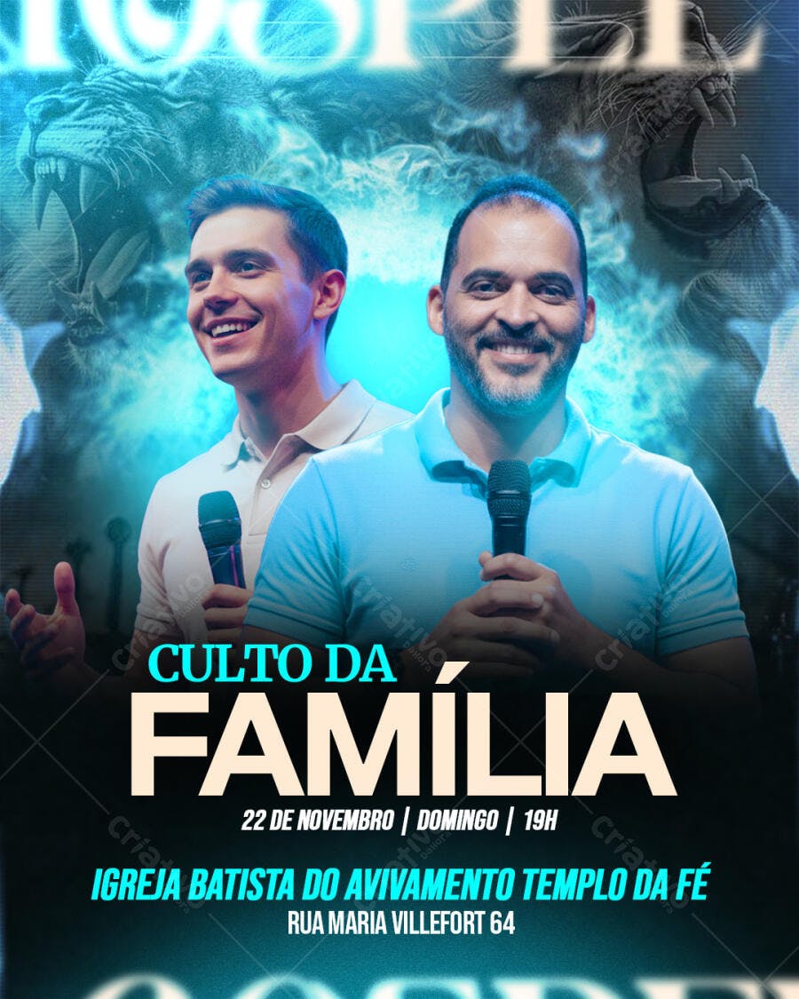 Flyer Culto da Família com Leões e Pastores PSD Editável