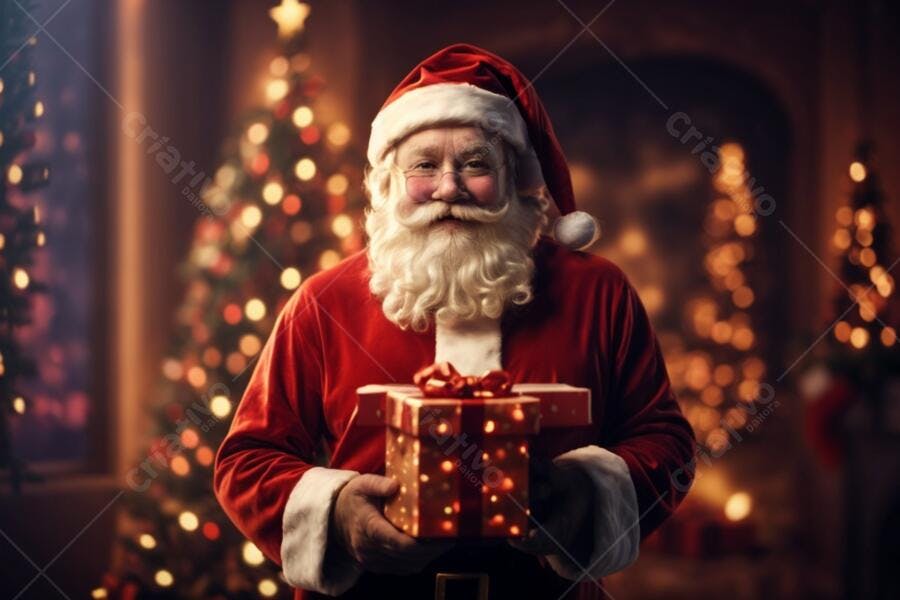 Papai Noel homem de barba branca sorridente com presente para o Natal