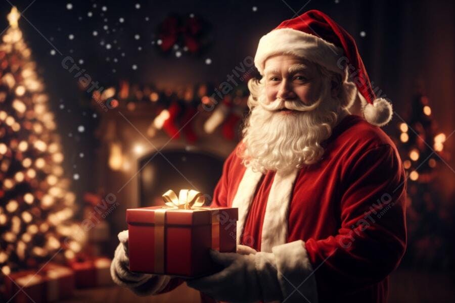 Papai Noel sorridente segurando presente vermelho na noite de Natal festiva