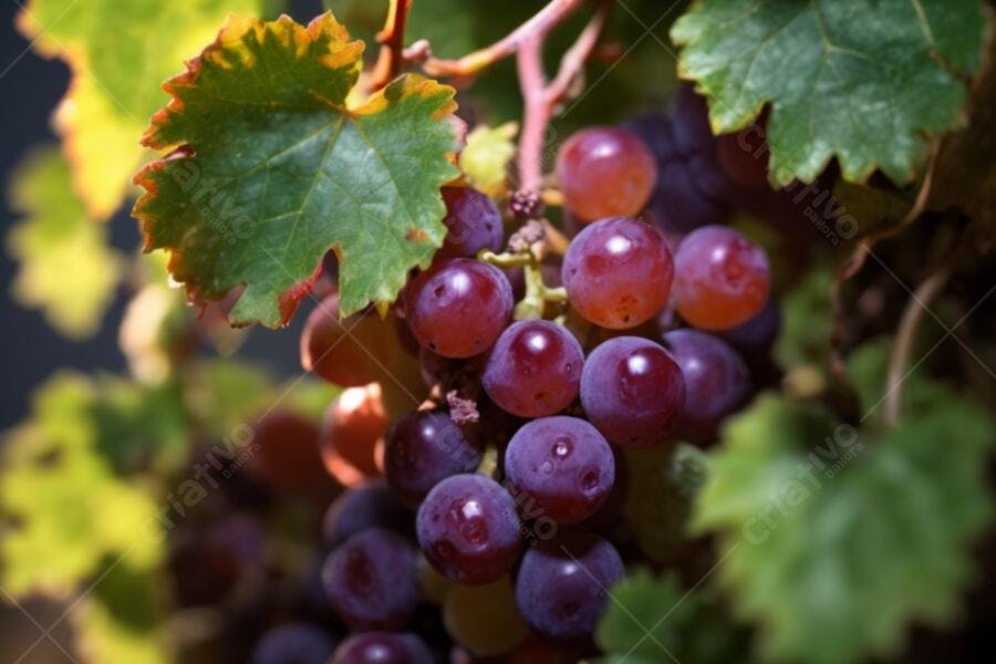 Uvas roxas maduras em cacho na videira sob luz do sol