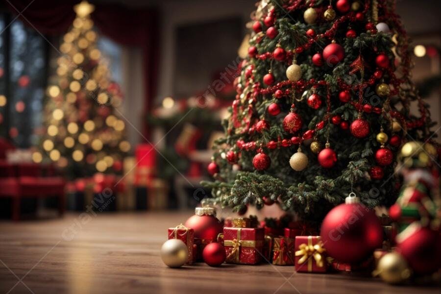 Árvore de Natal decorada com bolas vermelhas e douradas presentes embaixo em sala festiva