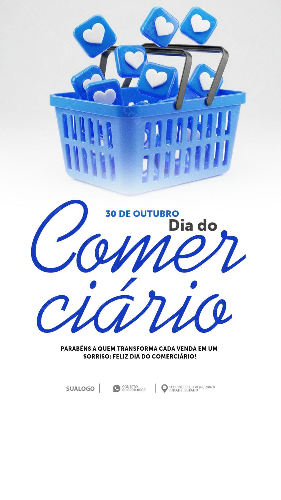 Flyer Dia do Comerciário com Cesta de Compras e Corações PSD Editável
