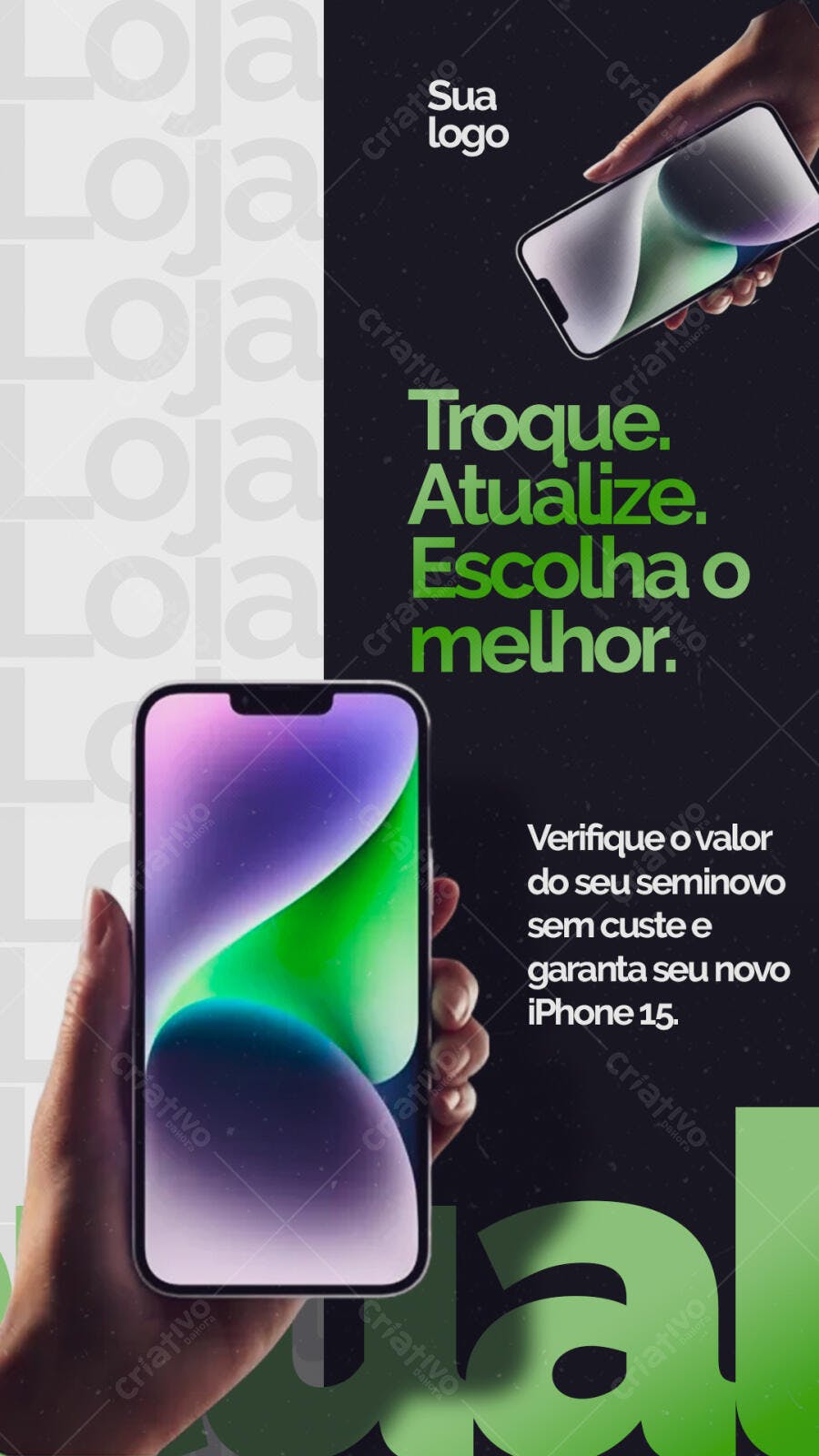 Flyer Vertical Troca iPhone 15 para Loja de Celulares PSD Editável